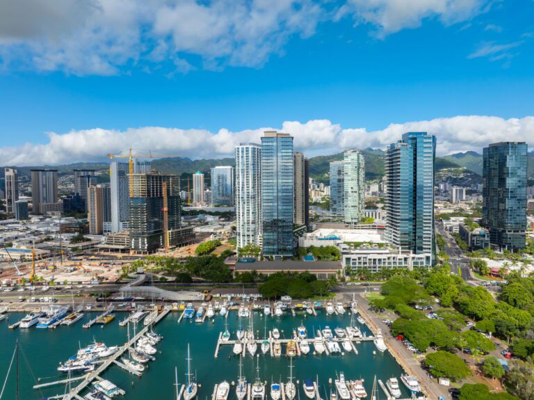 arial photo view from the ocean of kakaako, ala moana, honolulu, hawaii