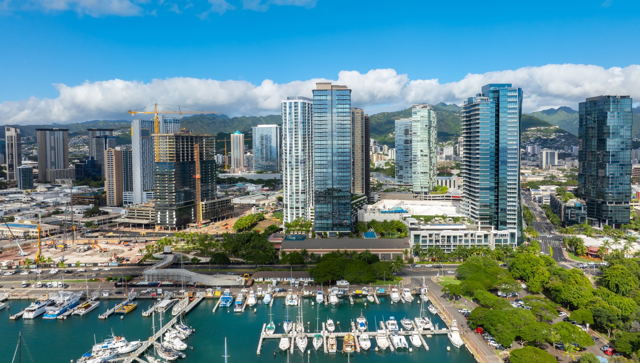 arial photo view from the ocean of kakaako, ala moana, honolulu, hawaii