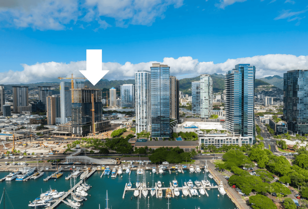 arrow pointing to the luxury condo building The Park Ward Village in Kakaako, Honolulu, Hawaii
