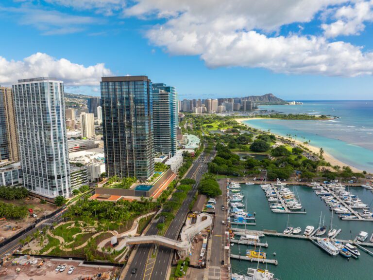 aerial view of honolulu, kakaako, ala moana, pacific ocean