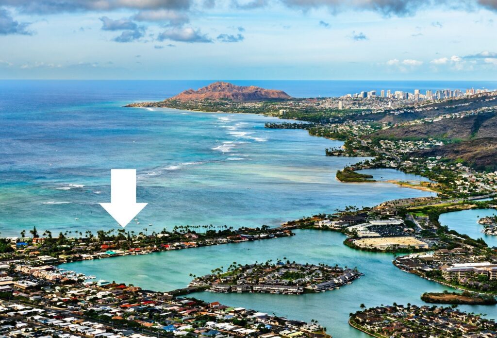 aerial photo of hawaii kai with an arrow pointing to a property in Portlock