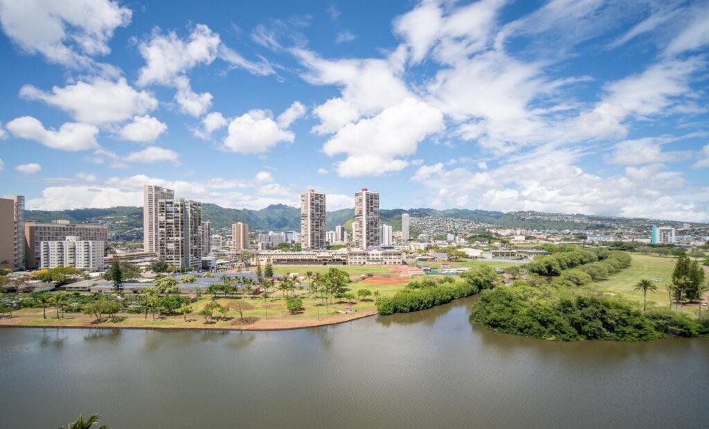 aerial view of the Ala Wai canal and Honolulu